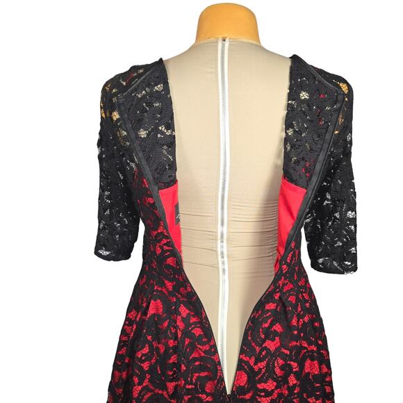 Adrianna Papell Womens Fit Flare Dress Red Black Lace Overlay Feminine Event - Picture 7 of 14